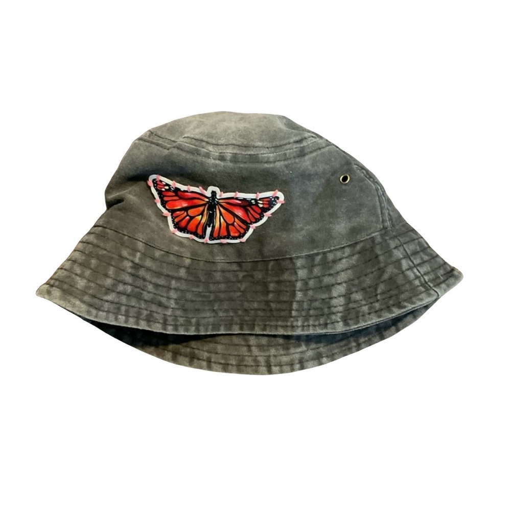Gray Bucket Hat with Red Butterfly Patch